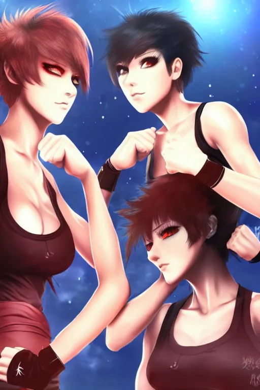 Prompt: two beautiful female fighters with short hair facing each other, gorgeous features, high definition, sharp focus, detailed anime art