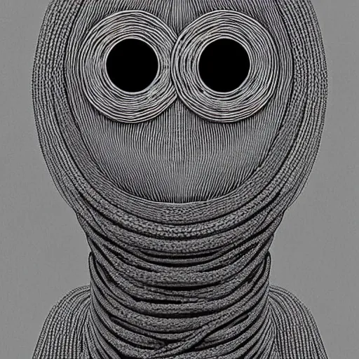 Image similar to portrait photo of a wool sock with giant eyes, face made from thick cyberpunk wires, extremely high details, realistic, by MC Escher and Rene Margitte and victor enrich