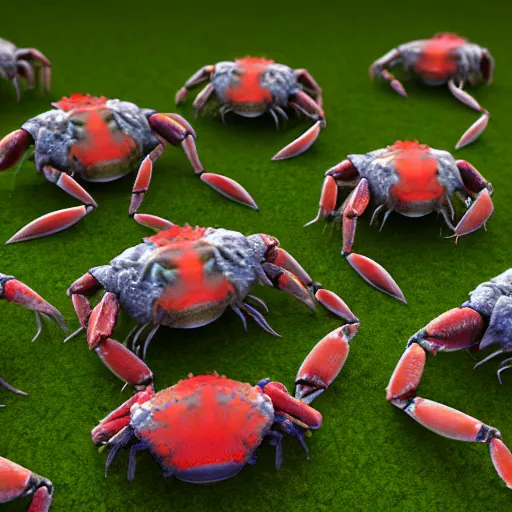 Prompt: voidless of the festival, large group of crabs and worms, crawling along a bed of moss, low poly, creeper world, handcrafted, artstation, hyperrealistic, hard light, best practices, creeptastic, photorealism, macro perspective, cuddly