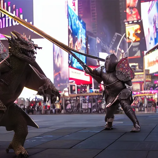 Image similar to a knight fighting a dragon in Times Square, unreal engine, 8k, photo realistic