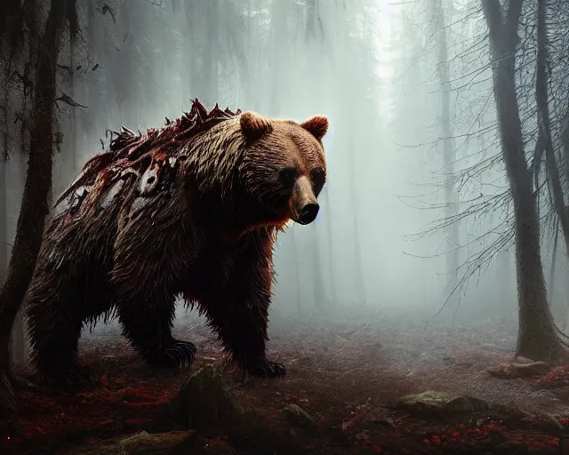 Image similar to 5 5 mm portrait photo of an armored demonic undead rotting bear with red eyes looking at the camera, in a magical forest. magical atmosphere. art by greg rutkowski and luis royo. highly detailed 8 k. intricate. lifelike. soft light. nikon d 8 5 0.