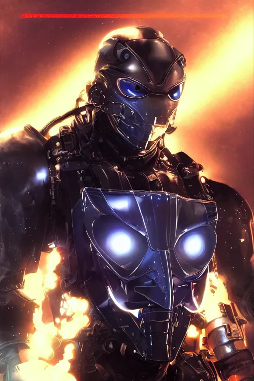 Image similar to cyber cyborg ninja mask helmet metal gear solid artic suit swat commando, global illumination ray tracing hdr fanart arstation by sung choi and eric pfeiffer and gabriel garza and casper konefal, a spectacular view cinematic rays of sunlight comic book illustration, by john kirby