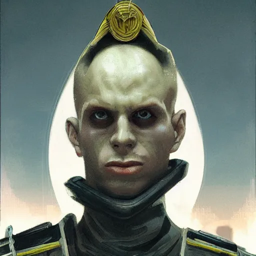 Image similar to portrait of rubbery, gaunt albino mutant with moist skin, sharp features, large lips, huge black eyes and determined expression, wearing fascist Byzantine police uniform and standing on cyberpunk docks, Dune concept art by Anato Finnstark, Alphonse Mucha, and Greg Rutkowski