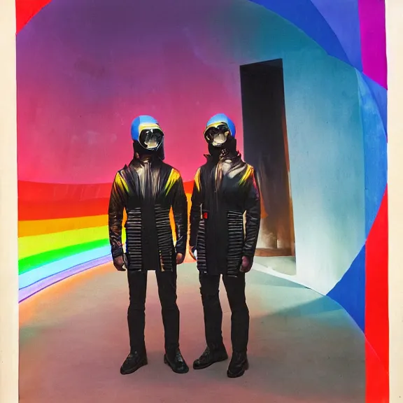 Image similar to two time pilots wearing flight masks and red rick owens flight suits inside the glowing geometric rainbow portal to the sixth dimension by frank frazetta