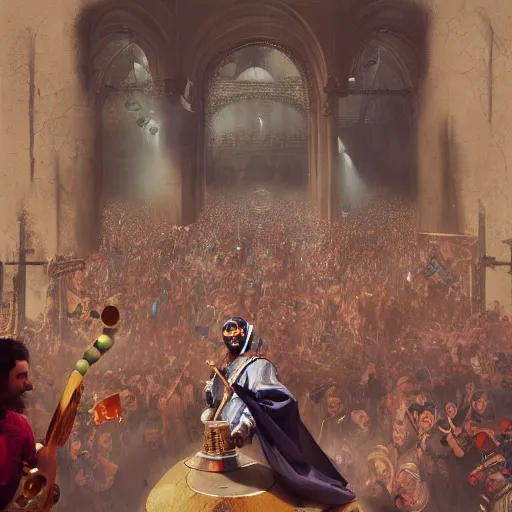 Prompt: a man wearing a Bauta Mask dressed in jester clothes plays an ornate musical instrument surrounded by a crowd of hungry worshipers, concept art, trending on artstation, by greg Rutkowski