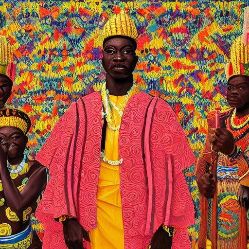 Prompt: highly detailed painting of the oba of benin surrounded by masquerades, fantasy, 8 k, realistic, symmetrical, digital illustration, in the style of kehinde wiley, artem demura