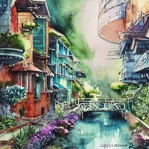 Image similar to Beautiful happy picturesque charming sci-fi town in harmony with nature. Beautiful light. Water and plants. Nice colour scheme, soft warm colour. Beautiful detailed artistic watercolor by Lurid. (2022)