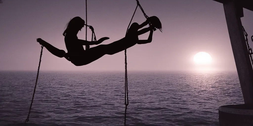 Image similar to a person swinging on a swing over the ocean the swing is connected to the moon, award winning photography, 4k, volumetrics, cinematic lighting