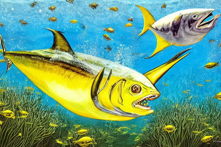 Image similar to An underwater painting of a yellow-fin tuna chasing bait fish near a mat of weeds, inspired by Guy Harvey, Sport Fishermen, digital art, insanely detailed, hyper detailed photorealistic, ambient lighting, award winning, stunning