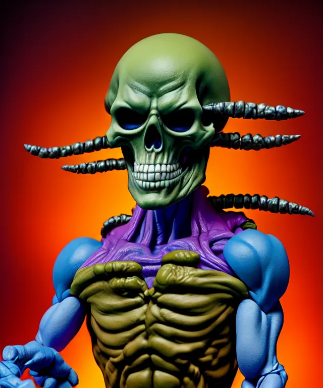 Image similar to hyperrealistic rendering, skeletor, by art of skinner and richard corben and jeff easley, product photography, action figure, sofubi, studio lighting, colored gels