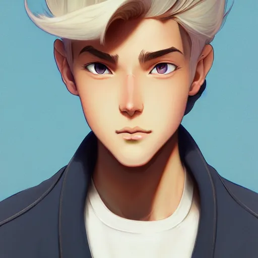 Prompt: young man with short, ash blond greyish hair, path traced, highly detailed, high quality, digital painting, by don bluth and ross tran and studio ghibli and alphonse mucha, sylvain sarrailh