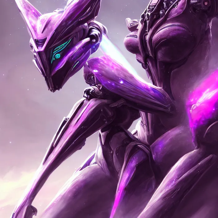 Image similar to cinematic close shot, cosmic sized proportional stunning beautiful hot female warframe, detailed robot mecha female dragon head, metal ears purple eyes, sleek silver armor, fuschia skin, floating in empty space, nebula sized, posing elegantly, epic proportions, epic size, epic scale, furry art, dragon art, giantess art, warframe fanart, furaffinity, deviantart