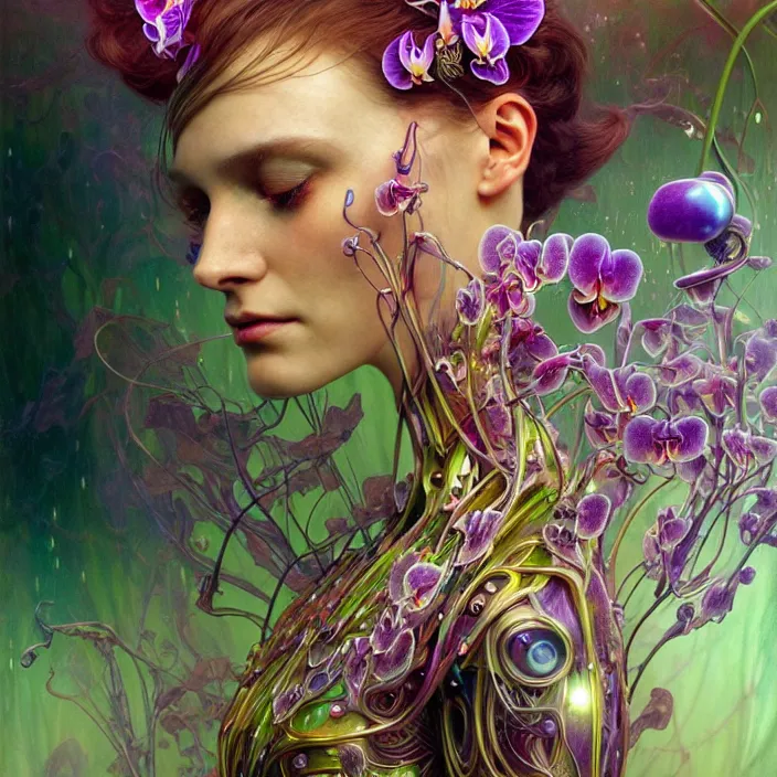 Image similar to psychedelic organic cyborg, saturated orchid, dew drops, diffuse lighting, fantasy, intricate, elegant, highly detailed, lifelike, photorealistic, digital painting, artstation, illustration, concept art, smooth, sharp focus, art by John Collier and Albert Aublet and Krenz Cushart and Artem Demura and Alphonse Mucha