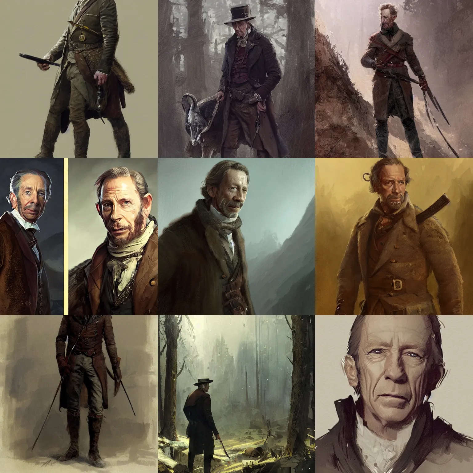 Prompt: Jonathan Hyde as Van Pelt in his 40s, as a 19th century hunter, concept art by J.Dickenson and Greg Rutkowski