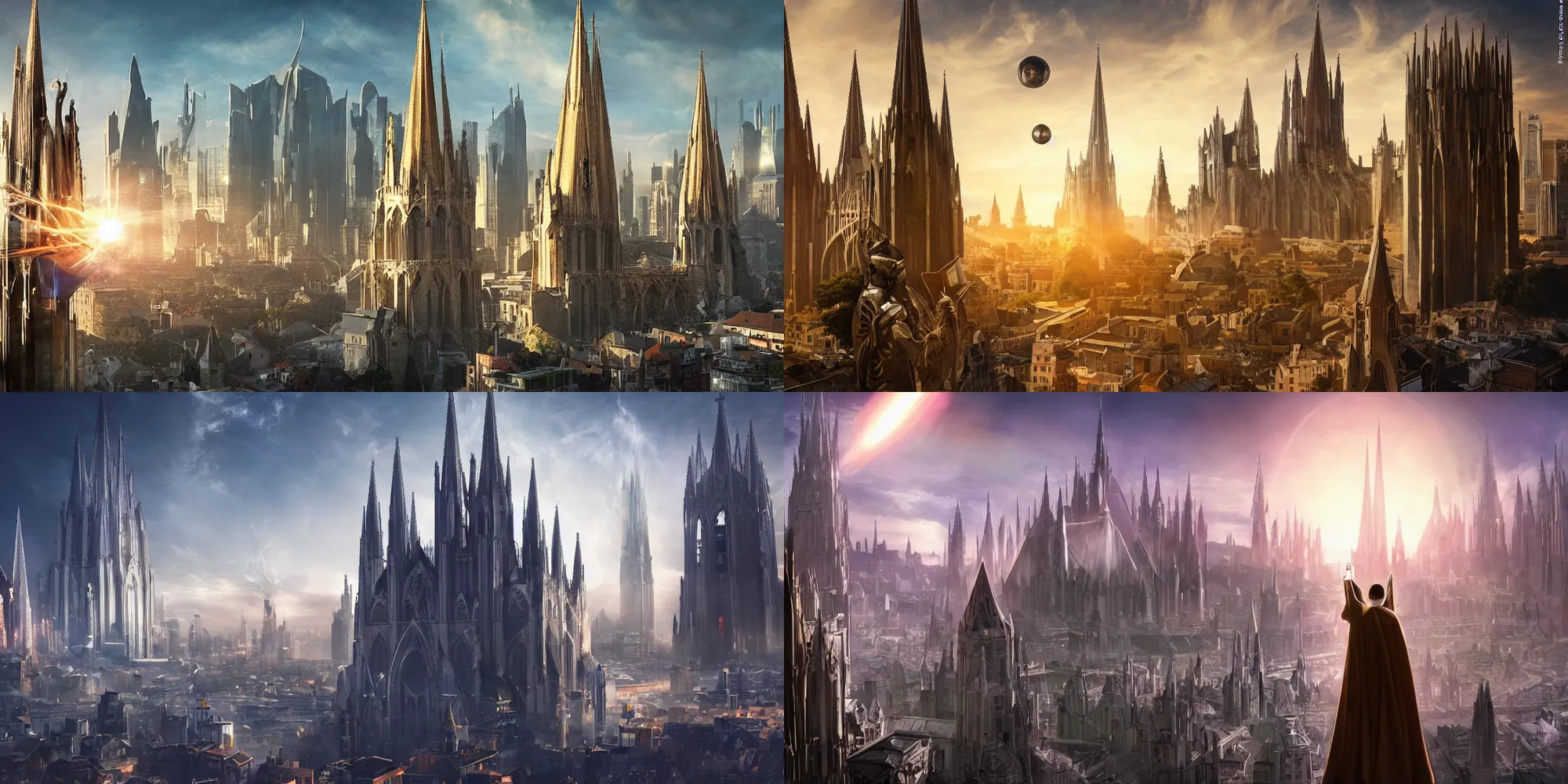 Prompt: A futuristic cityscape, dominated by the massive tower of a cathedral. A wizard stands on its roof, holding up a glowing orb