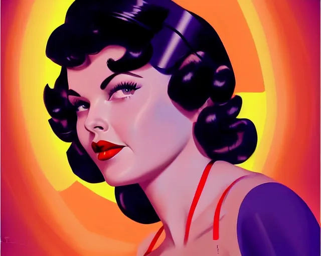 Image similar to young sherilyn fenn, betty page, diner background, twin peaks, retro futurism, half portrait by stanley artgerm, dramatic lighting, ilya kuvshinov, trending on artstation, flat colour, geometric curves, gradient filter, pleasing tone colours, 5 0 s style, edward hopper