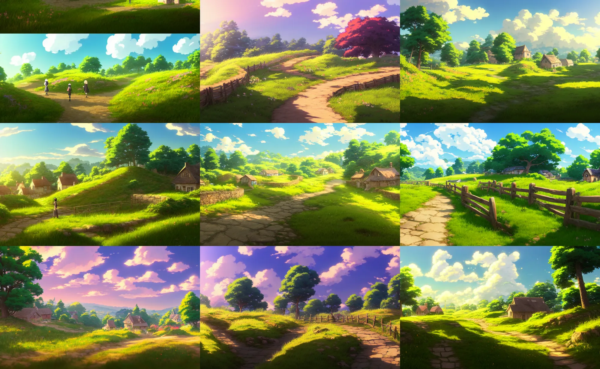Prompt: an anime movie background matte painting of a meadow in the countryside, rolling hills, cottages, crops, cobblestone road, rough wooden fence, by Makoto Shinkai, trending on Artstation, highly detailed