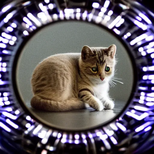 Image similar to infinity mirror reflecting a small cat, 4k, 40nm lens