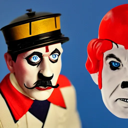 Prompt: adolf hitler clown action figure, well lit, studio light, painted action figure, toy advertisement, toy package