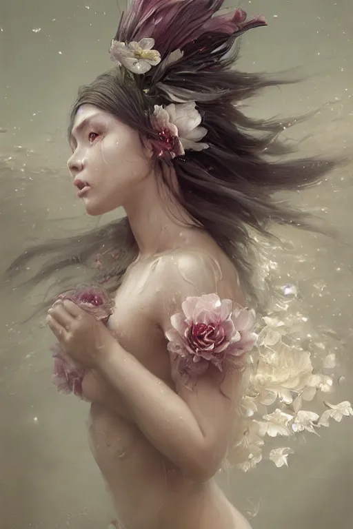 Image similar to face closeup a young beautiful girl drowned in water exploding into flowers, wearing crystal white feathers, 3 d render, hyper realistic detailed portrait, holding magic flowers, ruan jia, wlop. scifi, fantasy, hyper detailed, octane render, concept art, by peter mohrbacher, by wlop, by ruan jia