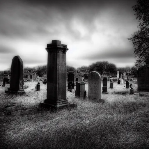 Prompt: haunted cemetery, dark, found footage, black and white, high resolution
