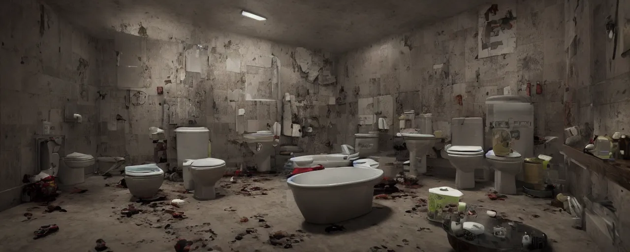Image similar to Scene with an empty bathroom and a lot of bottles filled with eyes, fingers and hairs::unreal engine, trending on artstation, horror art, high details
