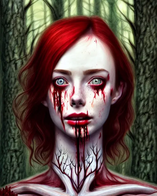 Image similar to surrounded by trees, realistic character concept, gorgeous Kacey Rohl, red hair, small freckles, Wendigo antlers, symmetrical face, symmetrical eyes, full body, covered in blood, dark forest, trees, shorter neck, cinematic lighting, Joshua Middleton and artgerm, fear anxiety terror