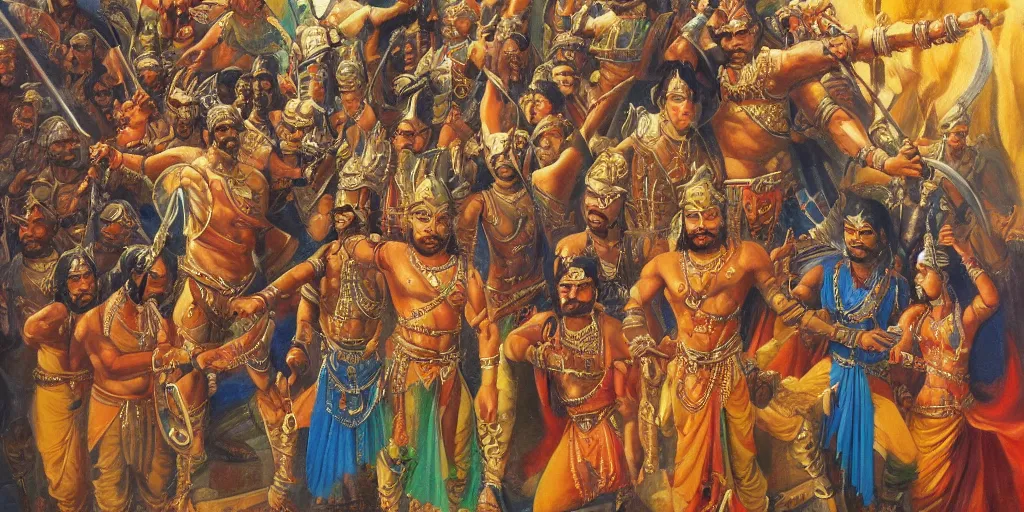 Image similar to a painting of bhima holding a mace and standing over slain duryodhan, mahabharat, an oil on canvas painting by ram chandra shukla, artstation, samikshavad, detailed painting, epic, oil on canvas