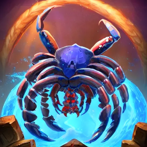 Prompt: blue giant (((((((crab monster)))))))) with giant crab claws, giant crab claws fantasy digital art, magical background in the style of hearthstone artwork