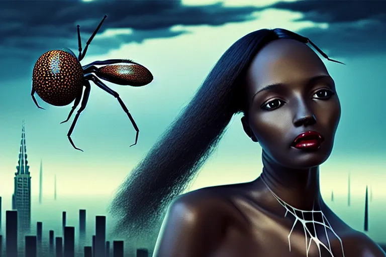 Prompt: realistic detailed photorealistic film portrait shot of a beautiful black woman with a giant spider, sci fi city landscape background by denis villeneuve, amano, yves tanguy, alphonse mucha, ernst haeckel, andrei tarkovsky, edward robert hughes, roger dean, necklace, dynamic pose, rich moody colours, wide angle, blue eyes