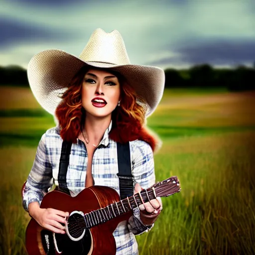 Image similar to a female fluffy anthropomorphic fox animal, wearing cowboy hat, wearing plaid shirt, playing guitar, in a field, barn in background, album cover style