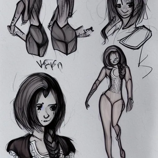Image similar to a never before seen character, female, cute, beautiful, young, concept sketch, front and back