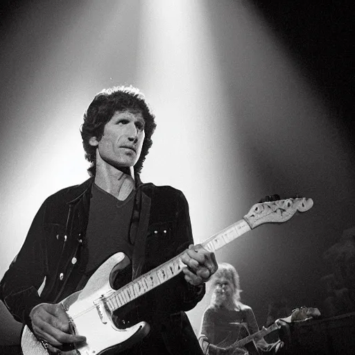 Image similar to Todd Howard performing on stage with Fleetwood Mac. Photojournalism, flash photography, concert photo, hyper realistic, dynamic lighting, god rays, smoke machine.