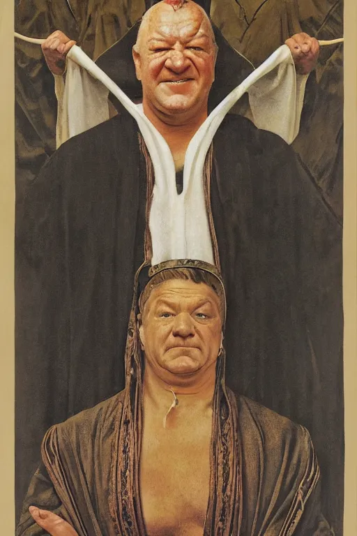 Image similar to upper body portrait of clean-shaven ray winstone as a toad hybrid high priest by norman rockwell and boris vallejo
