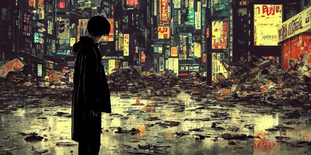 Prompt: incredible wide screenshot, ultrawide, paper texture, katsuhiro otomo ghost in the shell movie scene, backlit distant shot of girl in a parka running side view, dark wet road, black parasol in deserted trash pile night shinjuku junk town, broken vending machines, smashed wall, bold graffiti, black road, reflection puddles