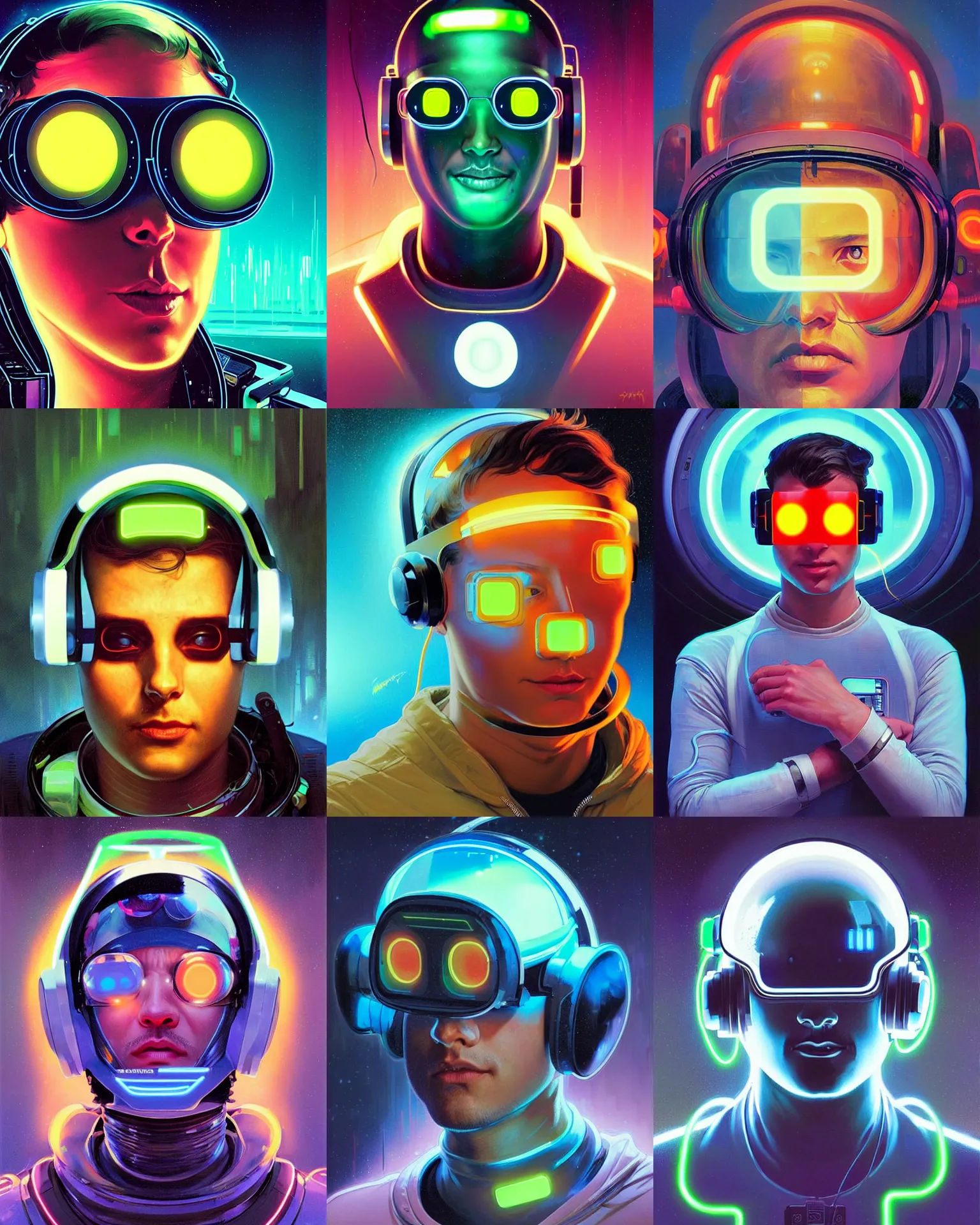 Prompt: sillouete future coder man, sleek cyclops display over eyes and glowing headset, neon accents, holographic colors, desaturated headshot portrait digital painting by john berkey, rhads, dean cornwall, alphonse mucha, donato giancola, alex grey, tom whalen, astronaut cyberpunk electric lights profile