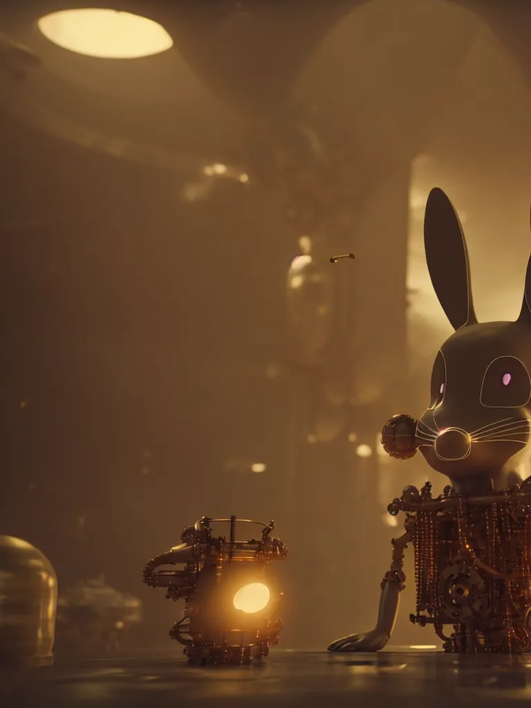 Image similar to film still of a mechanical bunny in a marvel movie, science fiction industrial hard science concept art, 8K render octane high definition cgsociety, photorealistic, unreal engine 5