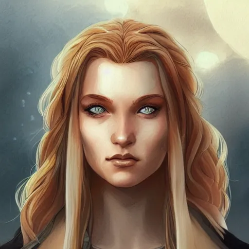 Prompt: beautiful portrait commission of a girl with two blonde plats squinting her eyes from the sun. character design by charlie bowater, detailed, inked, western comic book art