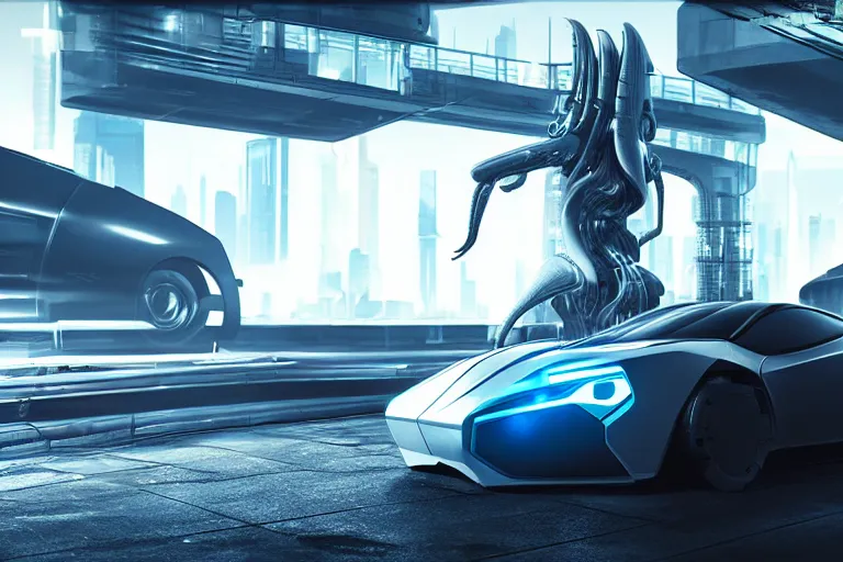 Image similar to cyberpunk alien concept inspired sports car, futuristic look, highly detailed body, very expensive, photorealistic camera shot, bright studio setting, studio lighting, crisp quality and light reflections, unreal engine 5 quality render