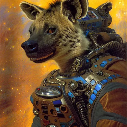 Prompt: portrait of a male hyena wearing a space suit in a space ship. shadowrun furaffiniy cyberpunk fantasy highly detailed painting by gaston bussiere craig mullins jc leyendecker gustav klimt artgerm greg rutkowski john berkey, bergey, craig mullins, ruan jia, raymond swanland, jeremy mann, tom lovell, alex malveda