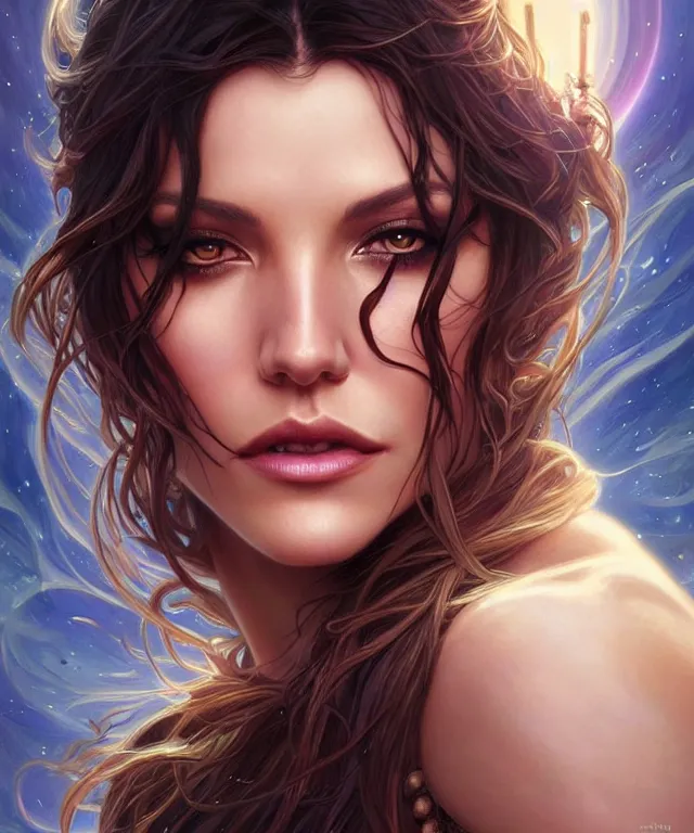 Image similar to Katherine McPhee as a fantasy magic woman portrait, sci-fi, amber eyes, face, long hair, fantasy, intricate, elegant, highly detailed, digital painting, artstation, concept art, smooth, sharp focus, illustration, art by artgerm and greg rutkowski and alphonse mucha