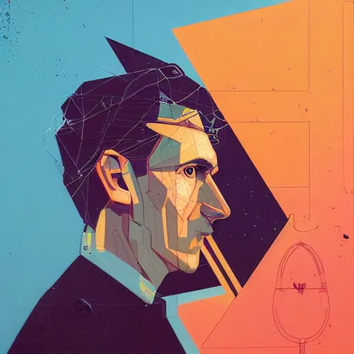 Image similar to majestic genius inventor nikola tesla profile picture by sachin teng, masterpiece, organic painting, matte painting, technical geometrical drawing shapes, lightning electricity coil, hard edges, graffiti, street art by sachin teng