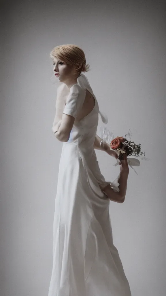 Image similar to studio photo of gorgeous emily skinner cosplaying annie leonhart wearing heels and wearing elegant white dress in a white room looking up, beautiful face, pale skin, rule of thirds, cinematic lighting, rainy weather, melancholy atmosphere, sharp focus, backlit, stunning, smooth, hard focus, full body shot, studio photo, shot on sony a 7 iii, hyper realistic,