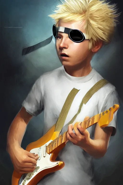 Image similar to blonde wild hair boy playing fender stratocaster, eye - patch, close - up portrait, plain white tshirt, powerfull, intricate, elegant, volumetric lighting, scenery, digital painting, highly detailed, artstation, sharp focus, illustration, concept art, steve mccurry