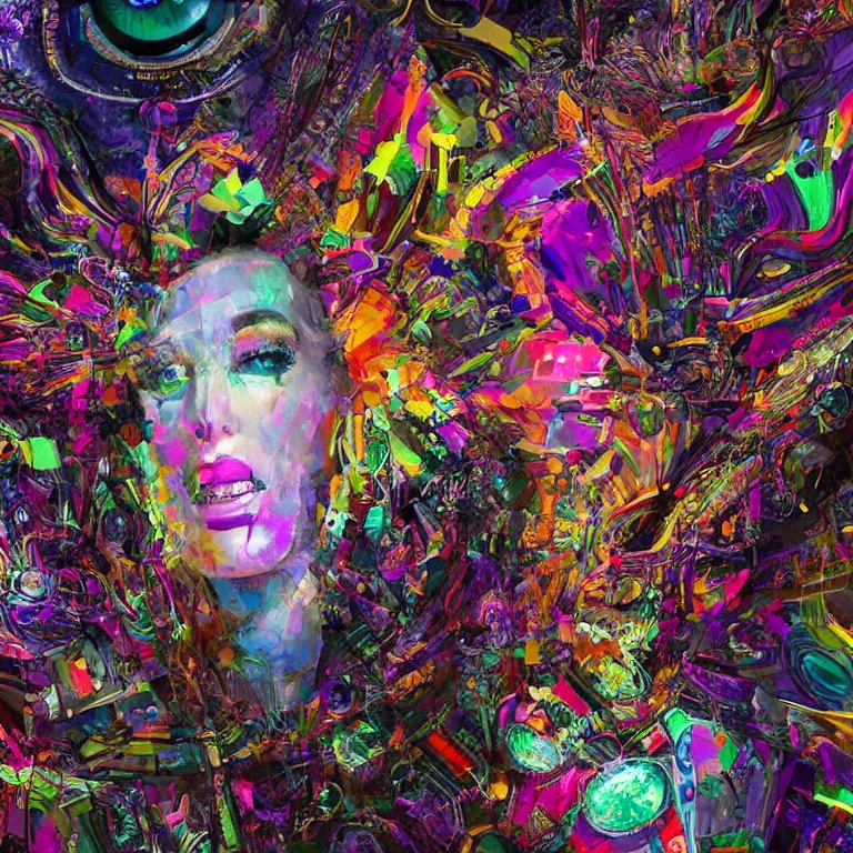 Image similar to hyper-maximalist overdetailed cinematic 70% portrait 30% abstract geometric collage pesudofigurative digital illustration by archan nair inspired by heidi taillefer. Dramatic lights. Psychedelic visionary artwork. Zenith view. Seen from below. 3d render