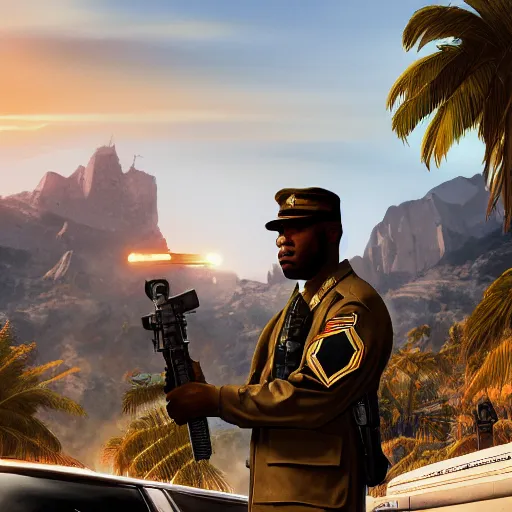 Image similar to A black man in a US military outfit in a grand theft auto 5 loading screen , art by Albert Bierstadt and James Gurney, highly detailed, digital painting, matte painting, concept art, illustration, oppressive lighting, trending on artstation, very detailed