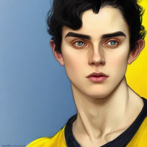 Image similar to ultra realistic illustration, a young man with black hair, in a yellow t - shirt, with blue eyes, highly detailed, digital painting, artstation, concept art, smooth, sharp focus, illustration, art by artgerm and greg rutkowski and alphonse mucha