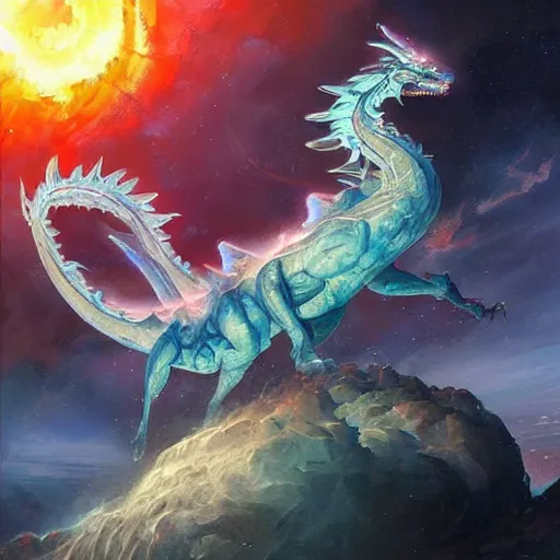 Prompt: prompt crystalline blue dragon in space, devouring a planet, moons, planets, sun system, nebula, oil painting, by Fernanda Suarez and and Edgar Maxence and greg rutkowski