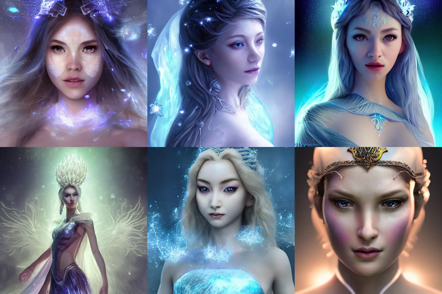 Prompt: a beautiful female human god of ice character, character is in all its glory, character is centered on the image, character is staying in natural pose, rim lights, highly detailed professional photo, dynamic lights, particles and crystals are flying, very deep depth of field, trending on artstation, illustration, hyper realistic, vray caustics, super detailed, colorful accents, cinematic shot