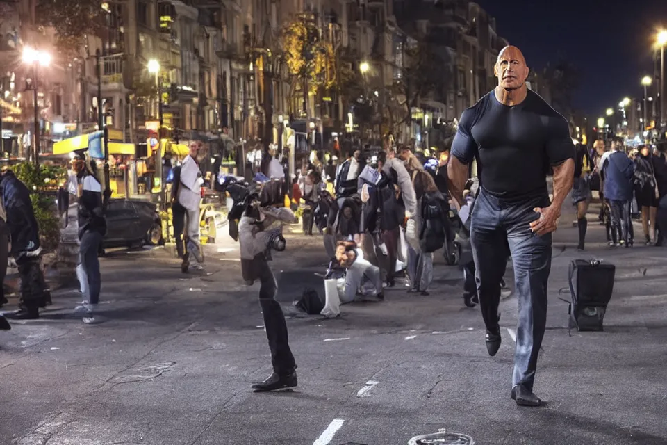 Prompt: Dwayne Johnson on the street in the night, bright lighting, high quality, ultra detailed , full body